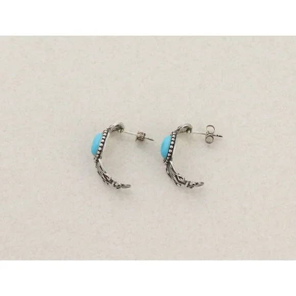 Sterling Silver Blue Turquoise Half Hoop Earrings Avon 3/4" x 3/8" - Picture 7 of 8